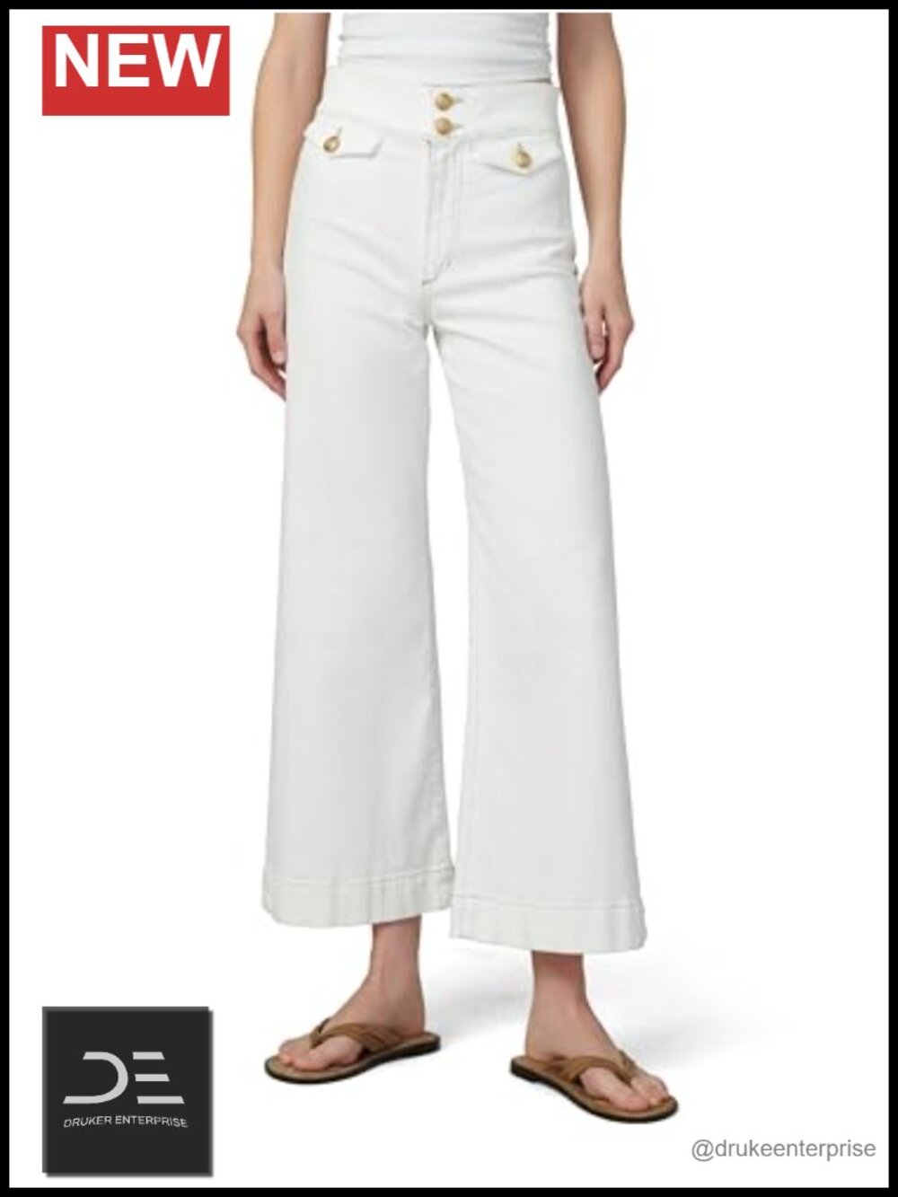 High Rise Wide Leg Ankle Jeans with Gold Buttons